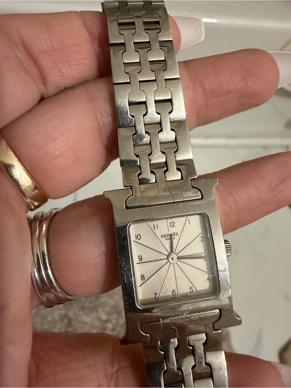 Hermes Silver-Tone Square Dial Bracelet Watch